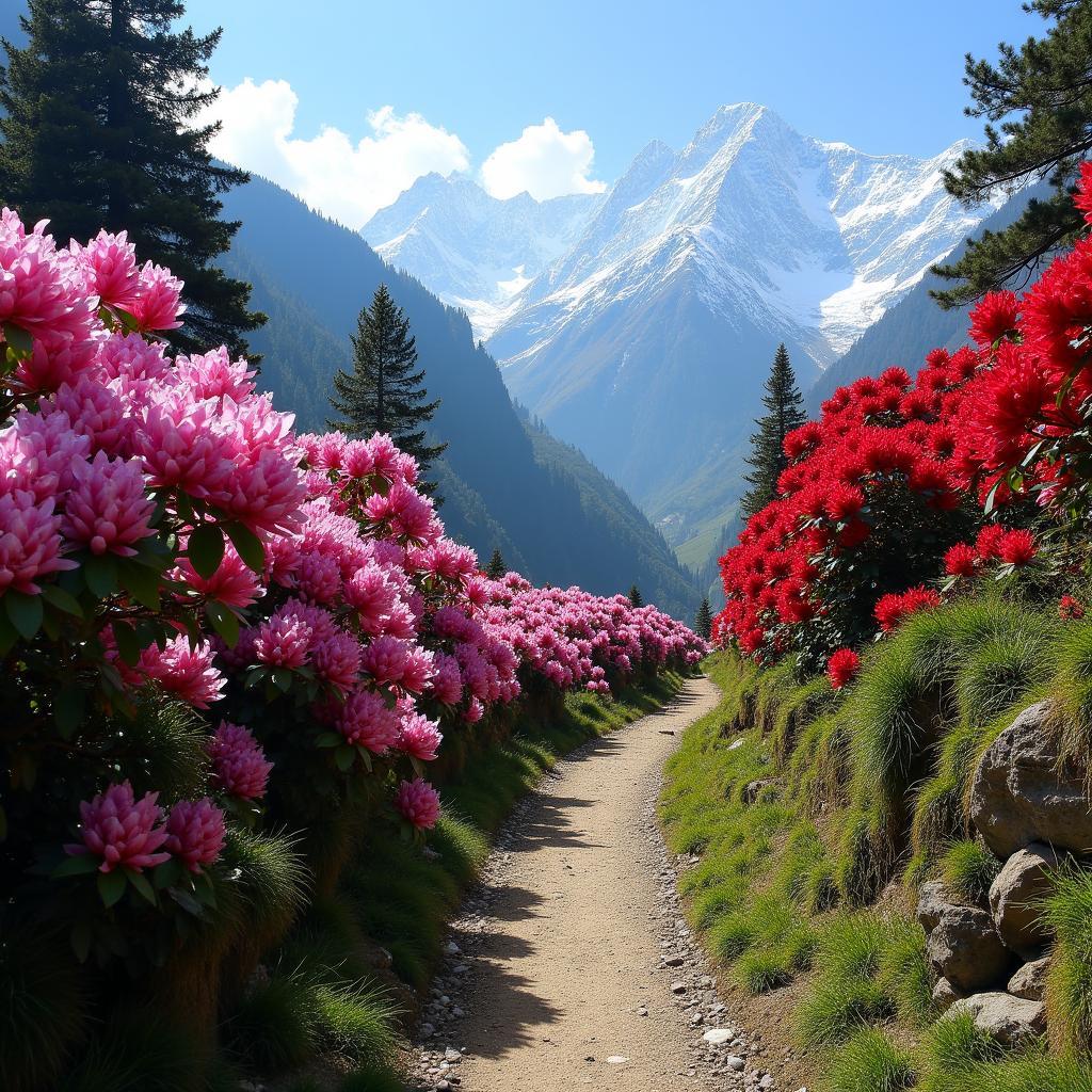 Vibrant rhododendrons blooming along a trekking trail in Nepal during spring.