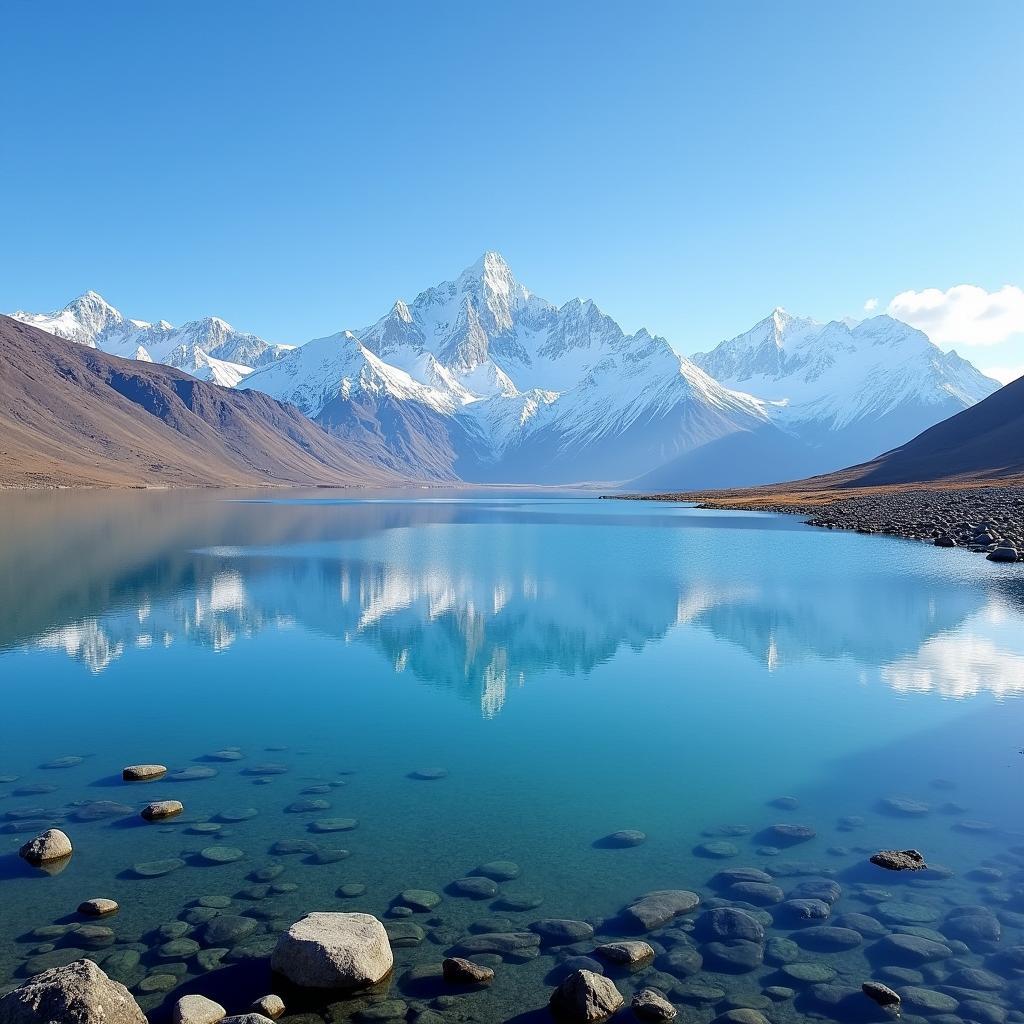 Crystal-clear waters of Gurudongmar Lake reflecting the surrounding snow-capped mountains in North Sikkim.