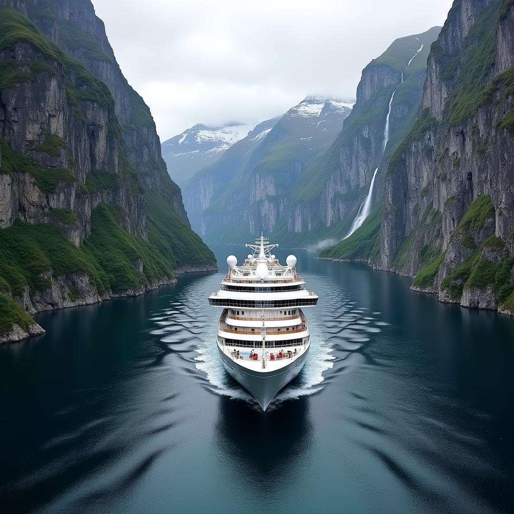 Cruise Ship Navigating a Norwegian Fjord