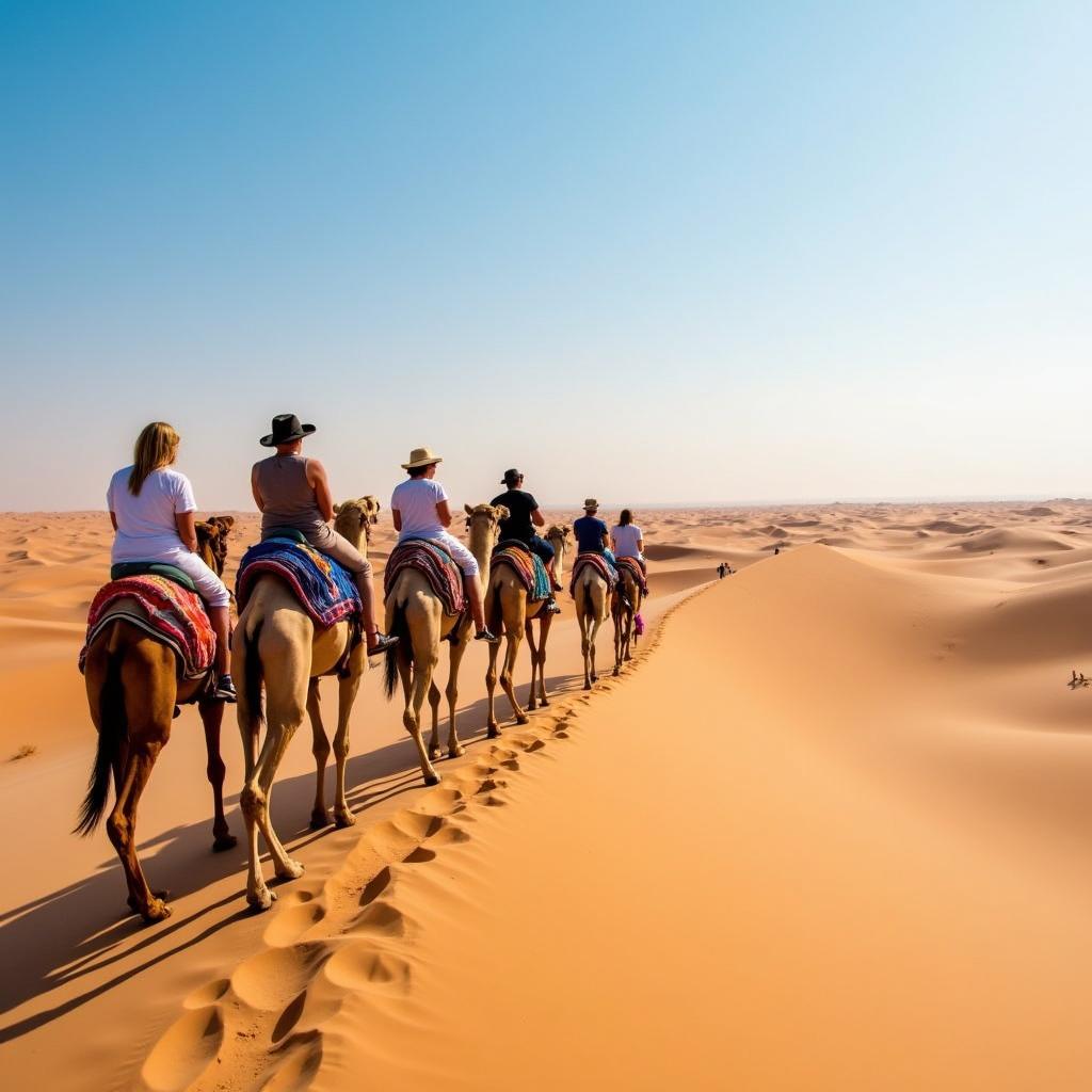 Tourists riding camels through the dunes of the Oman Wahiba Sands