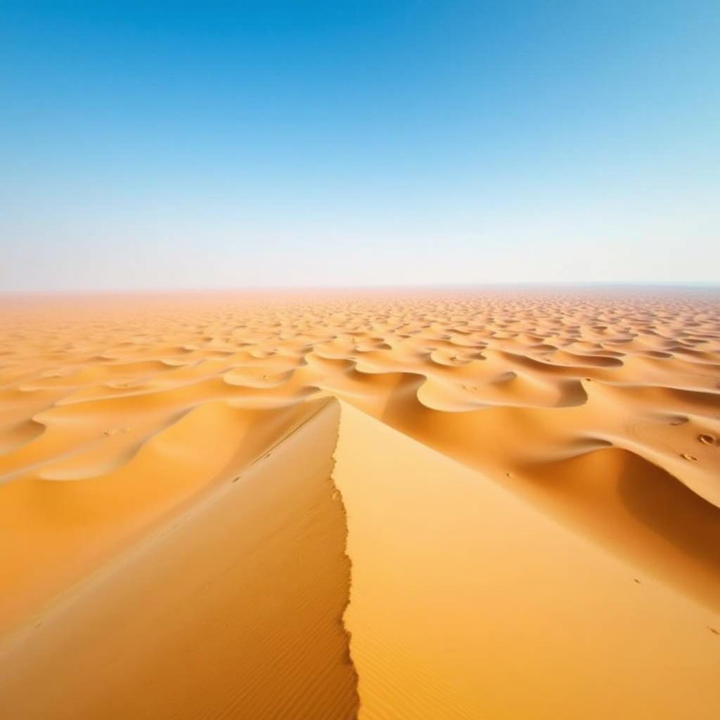 Vast expanse of the Oman Wahiba Sands desert with rolling dunes under a clear blue sky