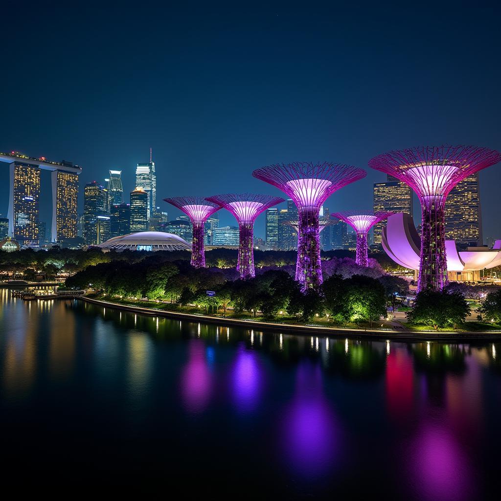 Singapore Skyline at Night with Gardens by the Bay