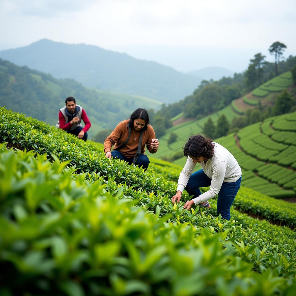 Tea Plantation Workers Harvesting Tea Leaves in Ooty