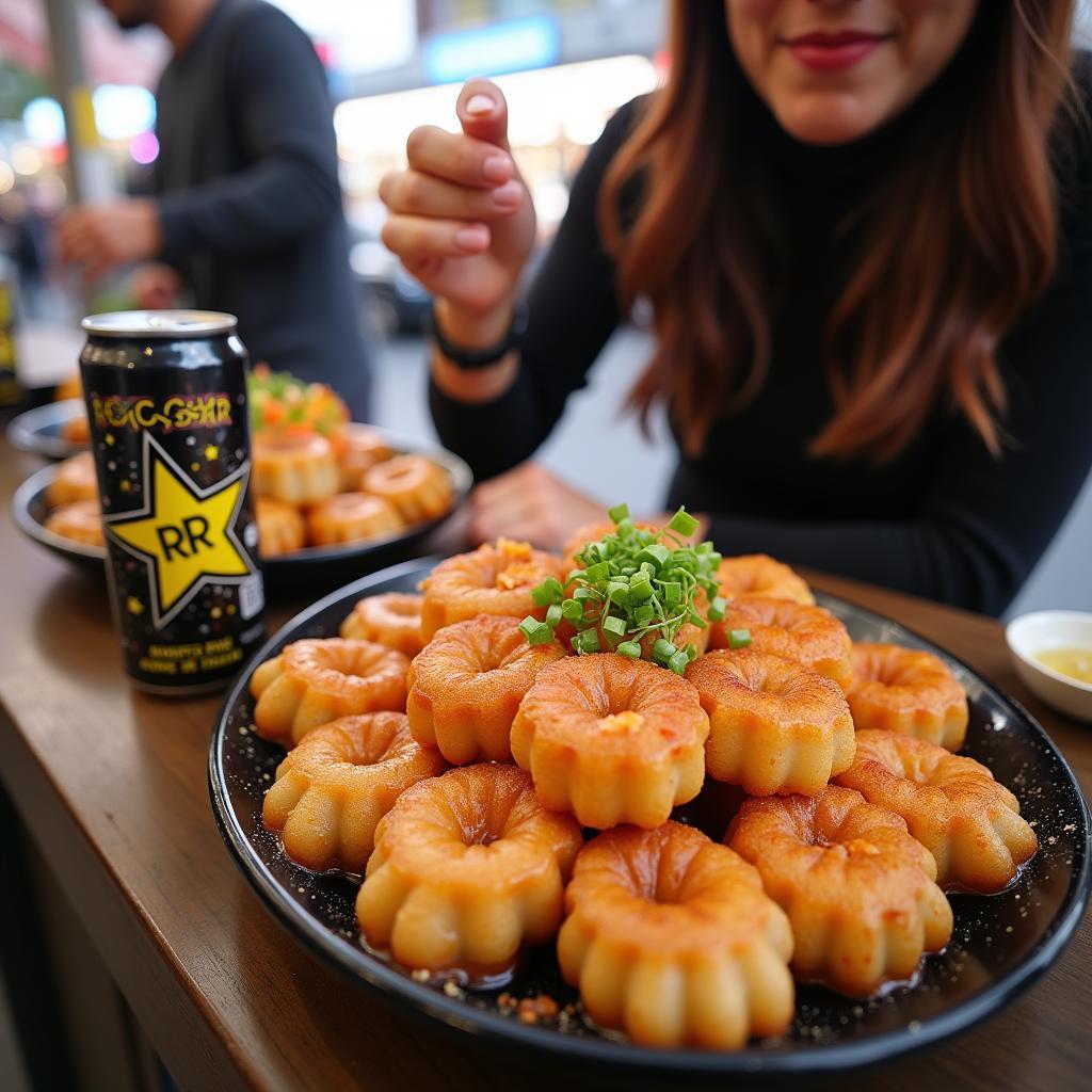 Enjoying street food in Osaka with a Rockstar Energy Drink