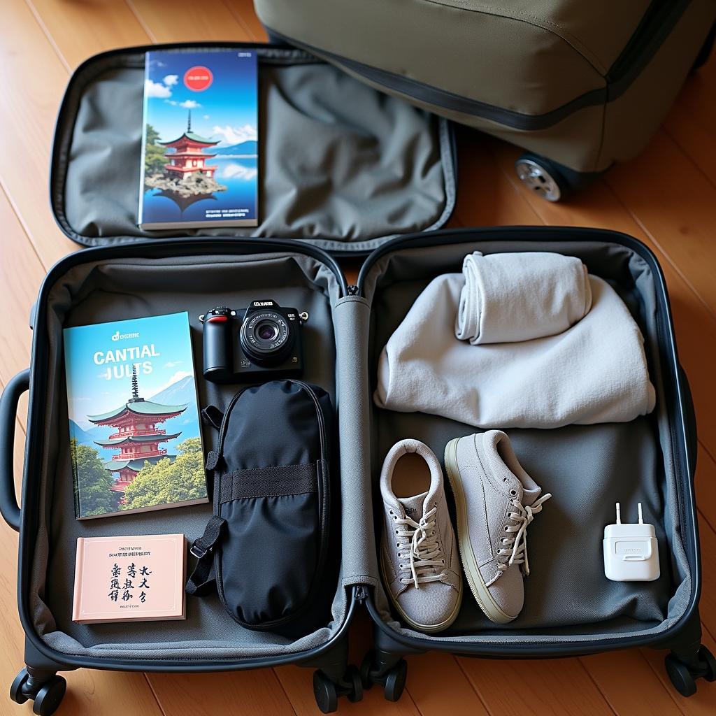 A suitcase packed with essential items for a trip to Japan, including a camera, travel guide, and comfortable walking shoes.