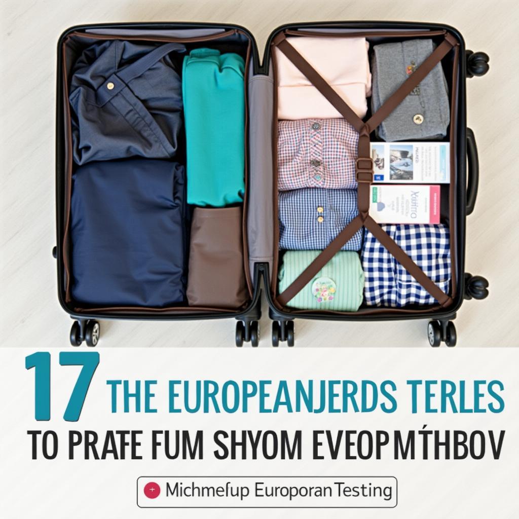 Suitcase packed with essential items for a European trip, showcasing travel organization.