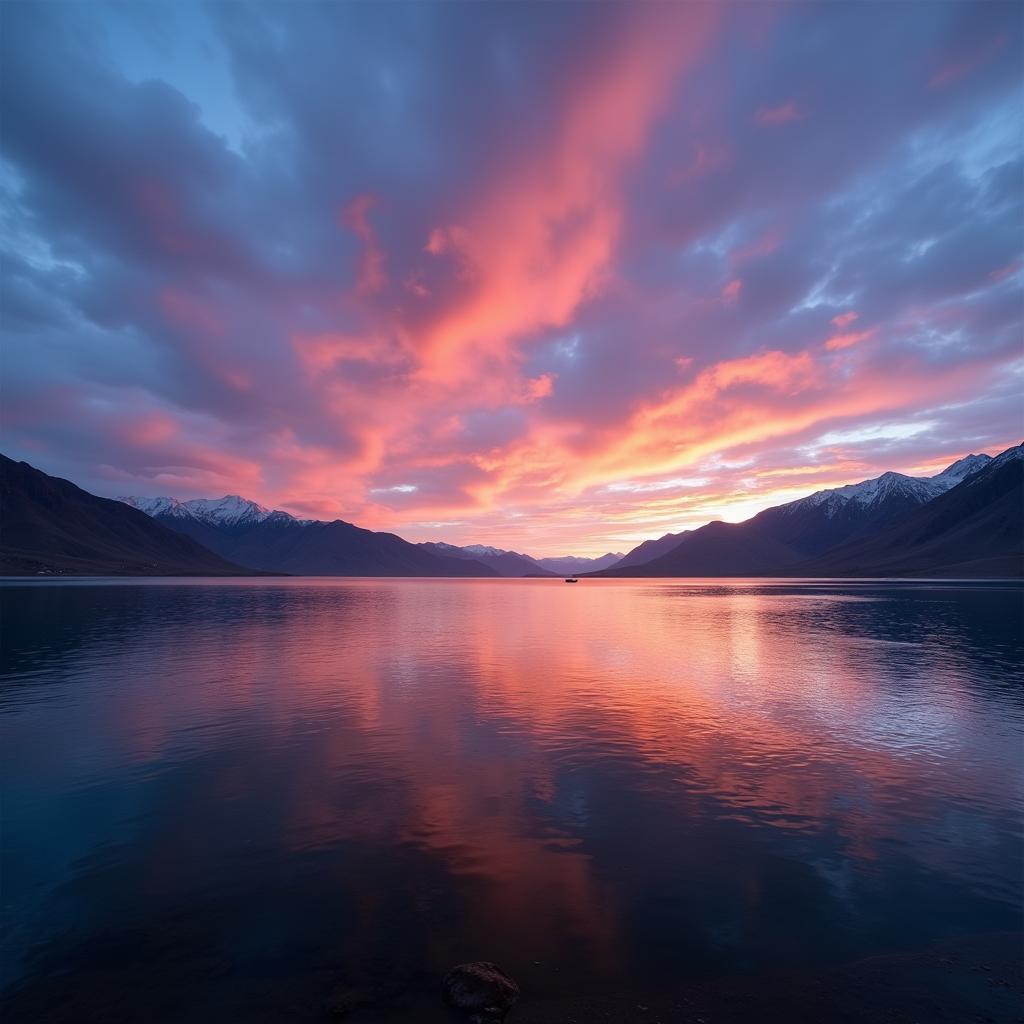 Sunset view of the serene Pangong Tso Lake