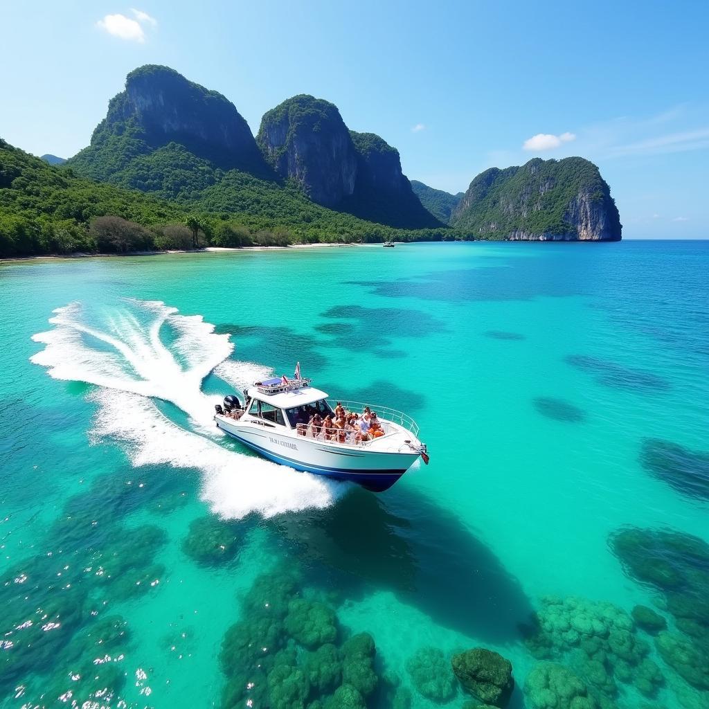 Speedboat cutting through the turquoise waters of Phi Phi Islands