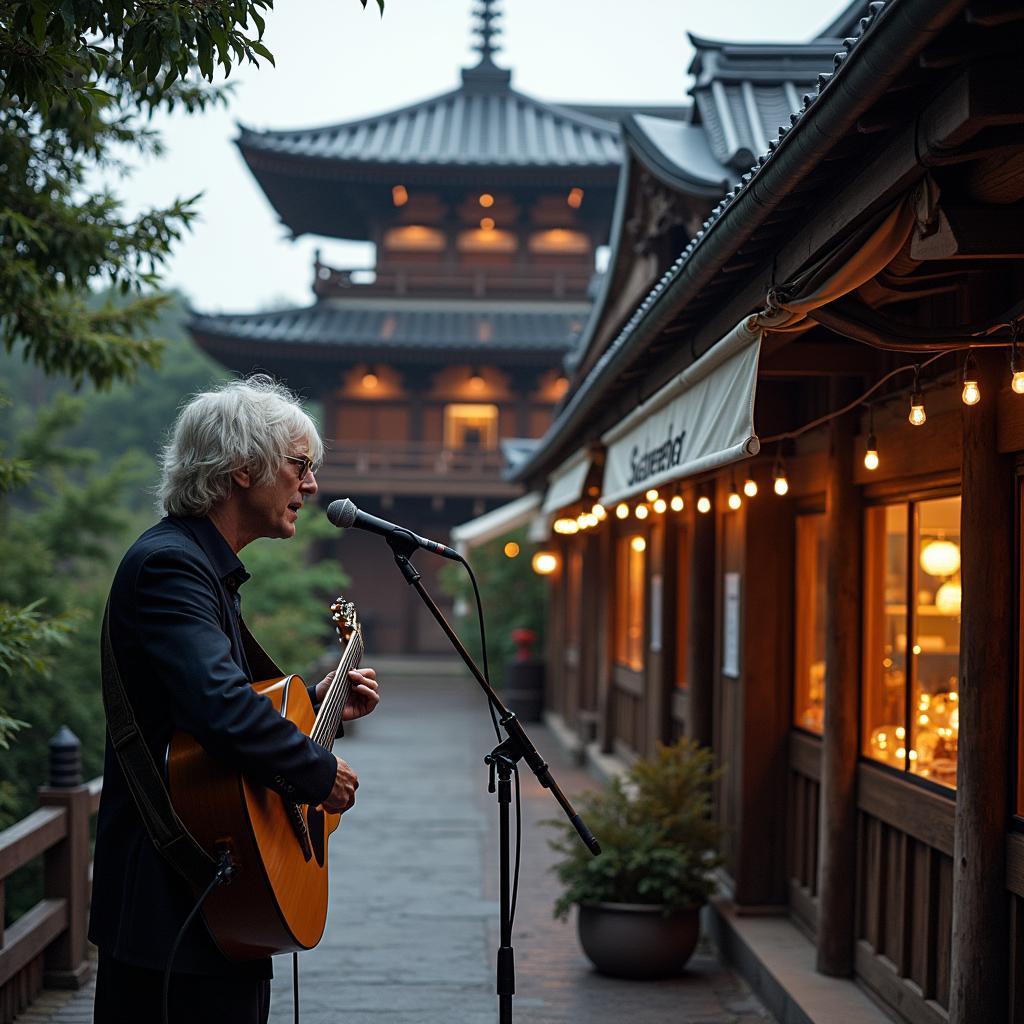 PJ Harvey performing in Kyoto with a backdrop of traditional Japanese architecture