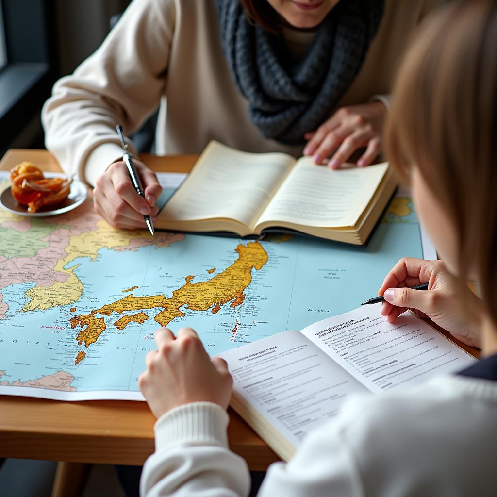 Traveler planning a Japan trip with a map and guidebook