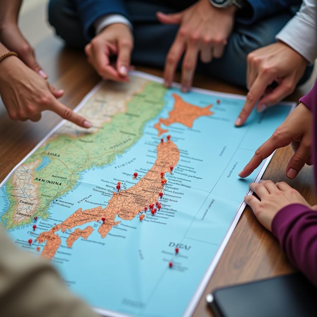 Tourists consulting a map while planning their itinerary for a Japan trip from Bangalore