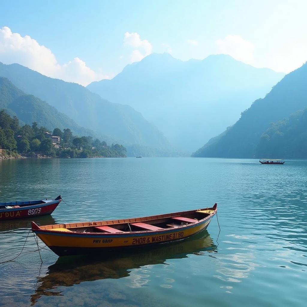 A tranquil scene of Phewa Lake in Pokhara, with colorful boats and the Annapurna range in the background.