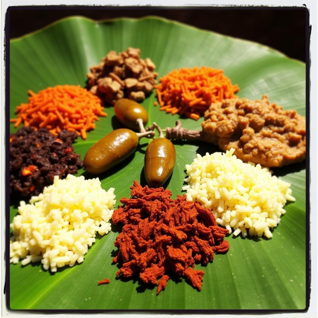 A table laden with a delicious traditional Goan meal served on a banana leaf at a Ponda spice plantation