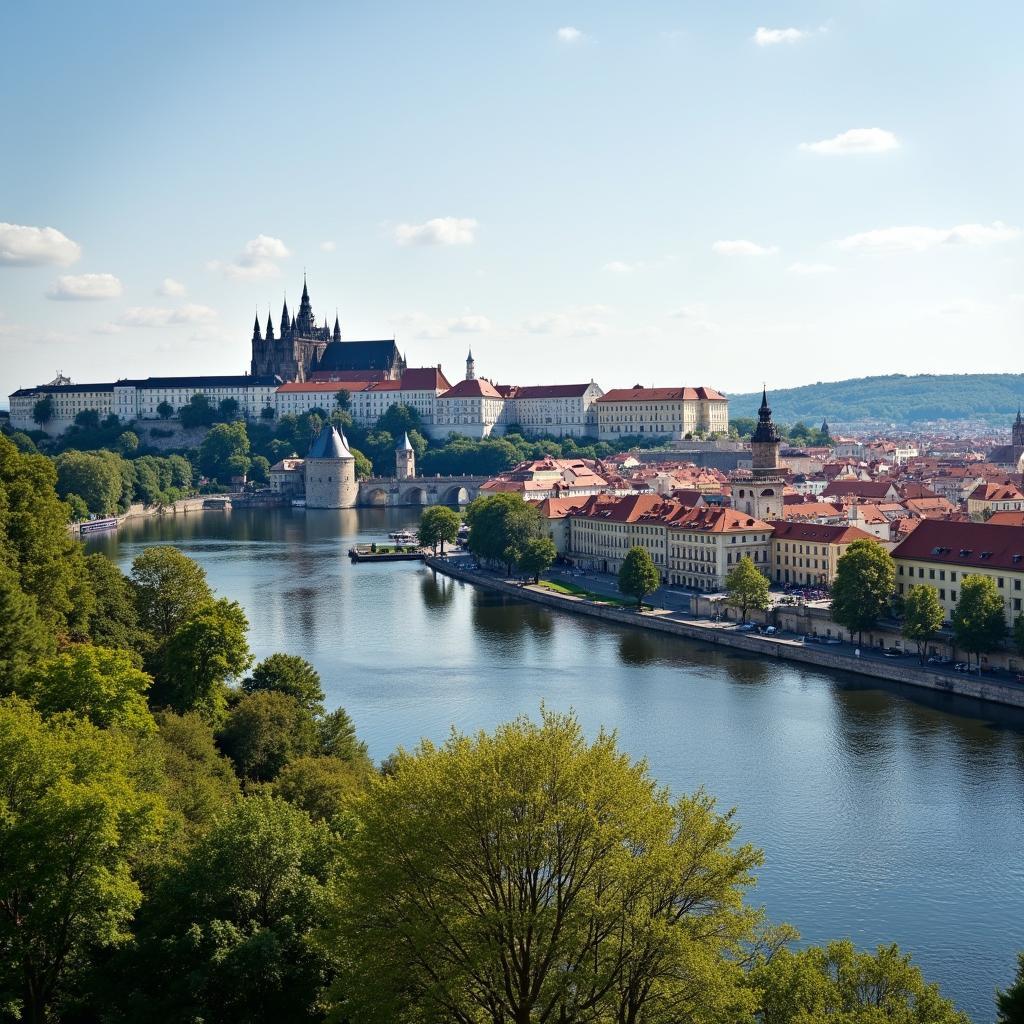 Panoramic view of Prague Castle from across the Vltava River during a Prague City Tour.