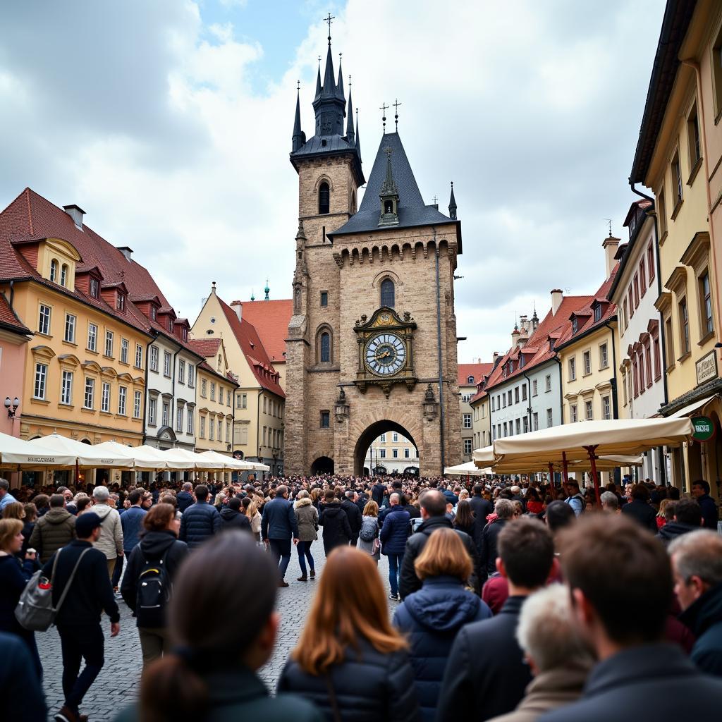 Crowds gathered at Old Town Square in Prague to watch the Astronomical Clock during a city tour.