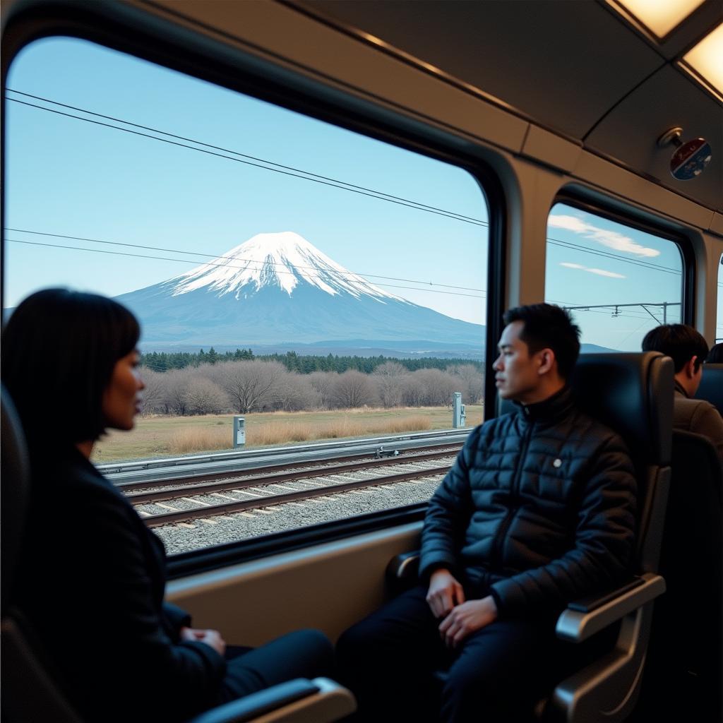 Riding the Shinkansen Bullet Train with Mount Fuji in the Background