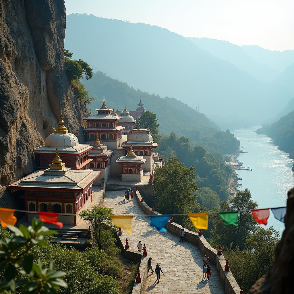 Serene landscape of Rishikesh with temples and the Ganges River