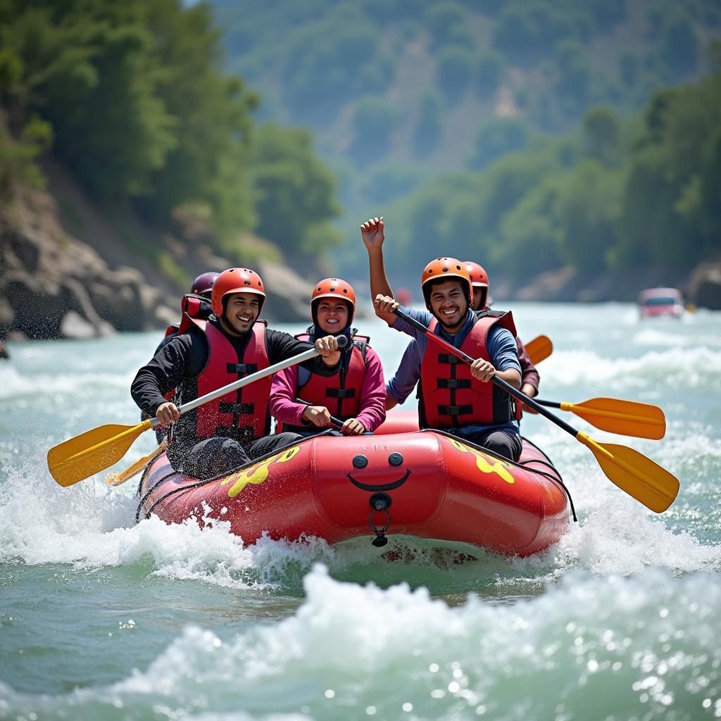 Group of adventurers enjoying white-water rafting in Rishikesh