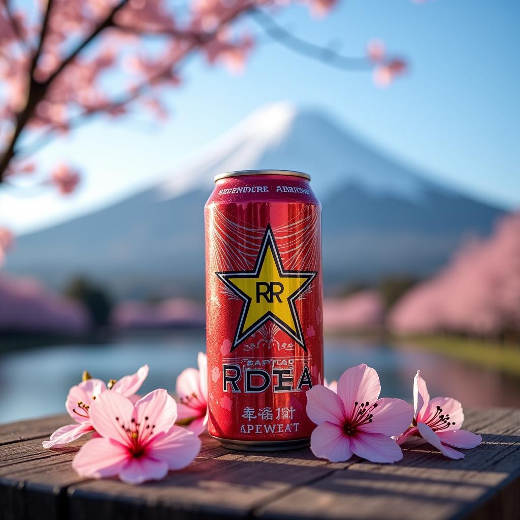 Rockstar Energy Drink can against a backdrop of Mount Fuji