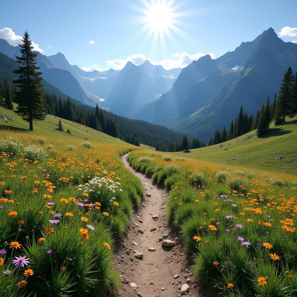 Vibrant wildflowers bloom along a Rocky Mountain hiking trail in British Columbia