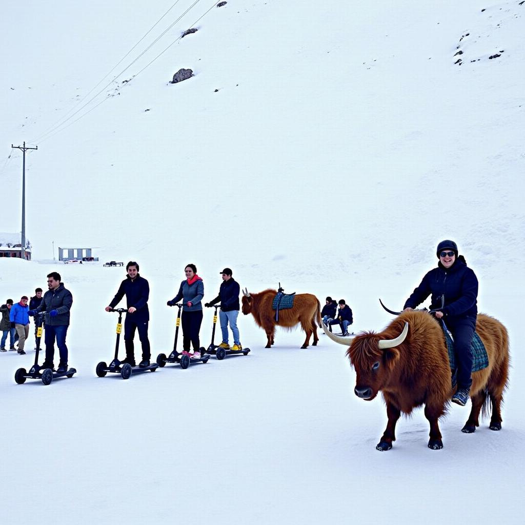 Tourists enjoying snow activities at Rohtang Pass, including snow scooter riding and yak rides.