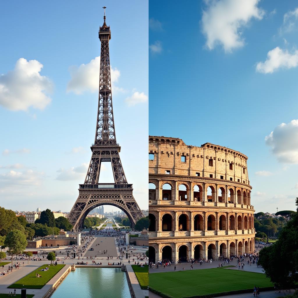 Rome Paris Tour: Eiffel Tower and Colosseum landmark