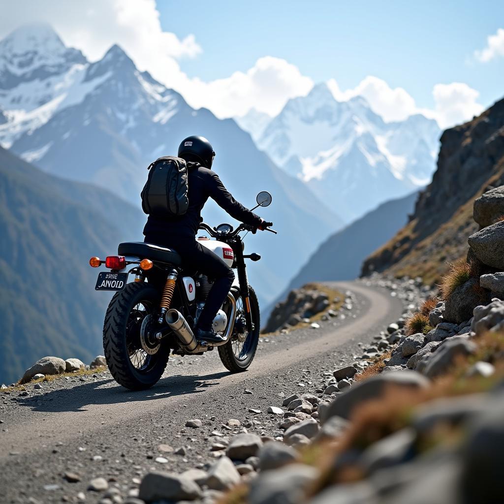 A Royal Enfield motorcycle conquers the challenging terrain of the Himalayan mountain roads in India.