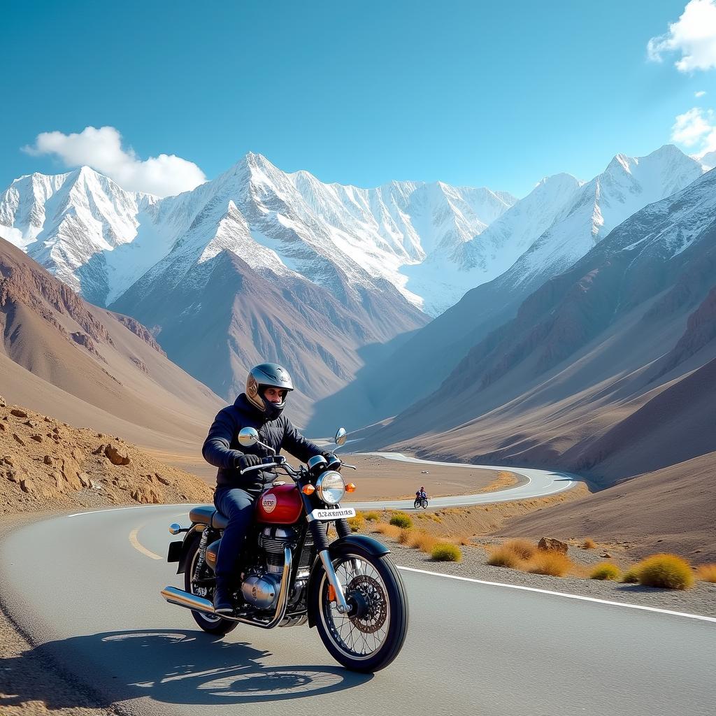 Royal Enfield motorcycle navigating a high mountain pass in Ladakh