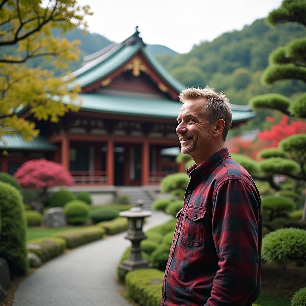 Russell Howard exploring a serene Japanese temple during his respite tour