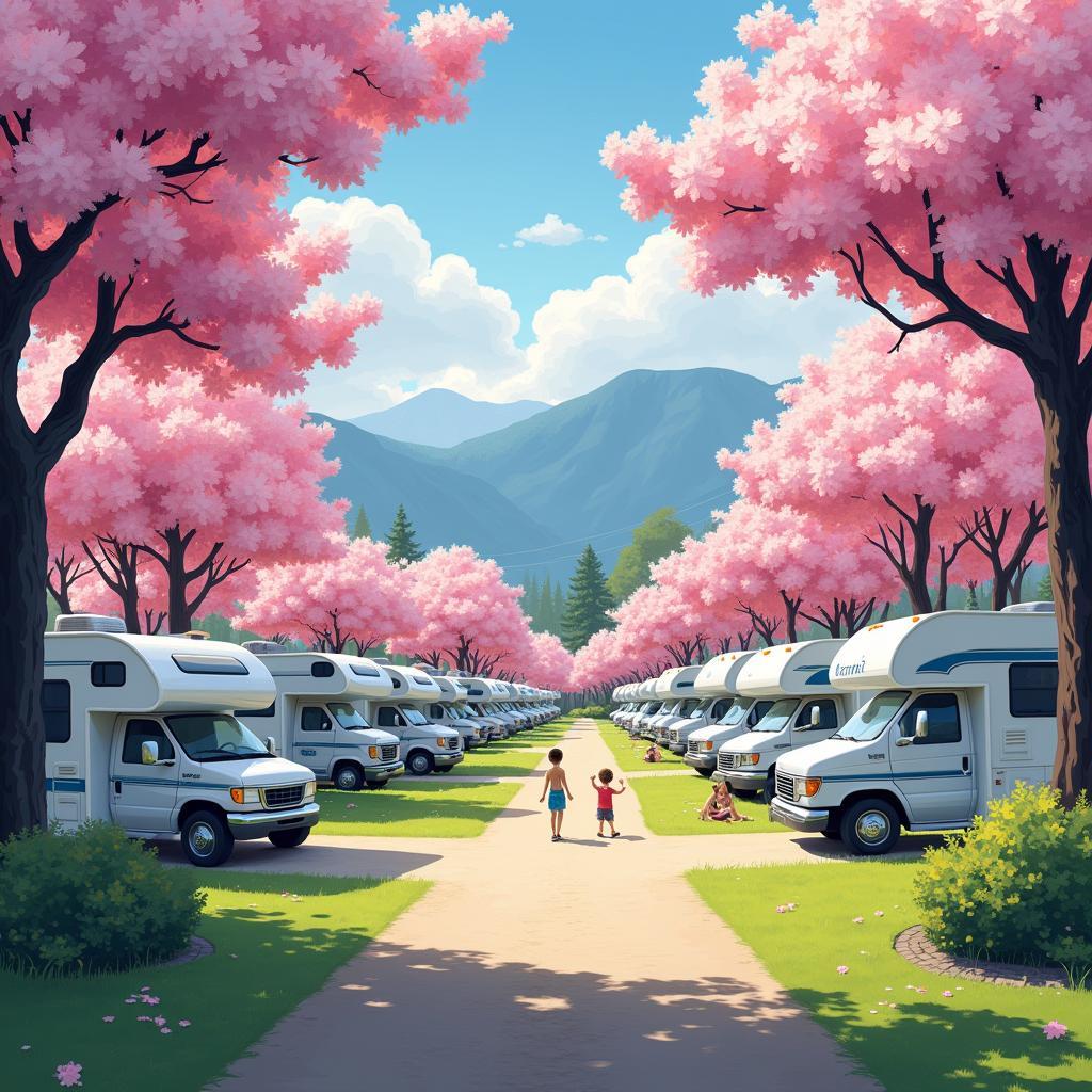 RV campsite in Japan during cherry blossom season