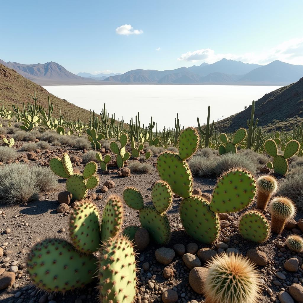 Incahuasi Island with giant cacti and salt flat