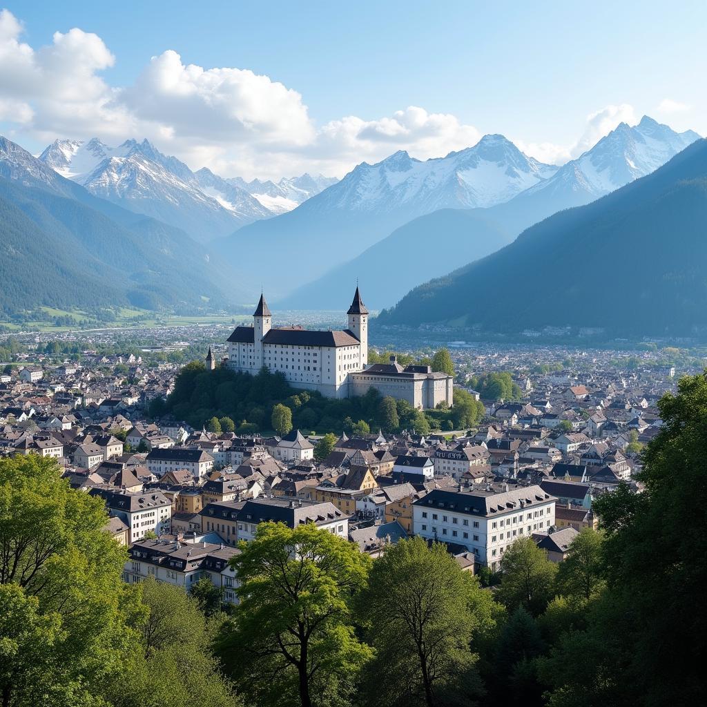 Panoramic view of Salzburg cityscape, Austria, with its historic buildings and surrounding mountains