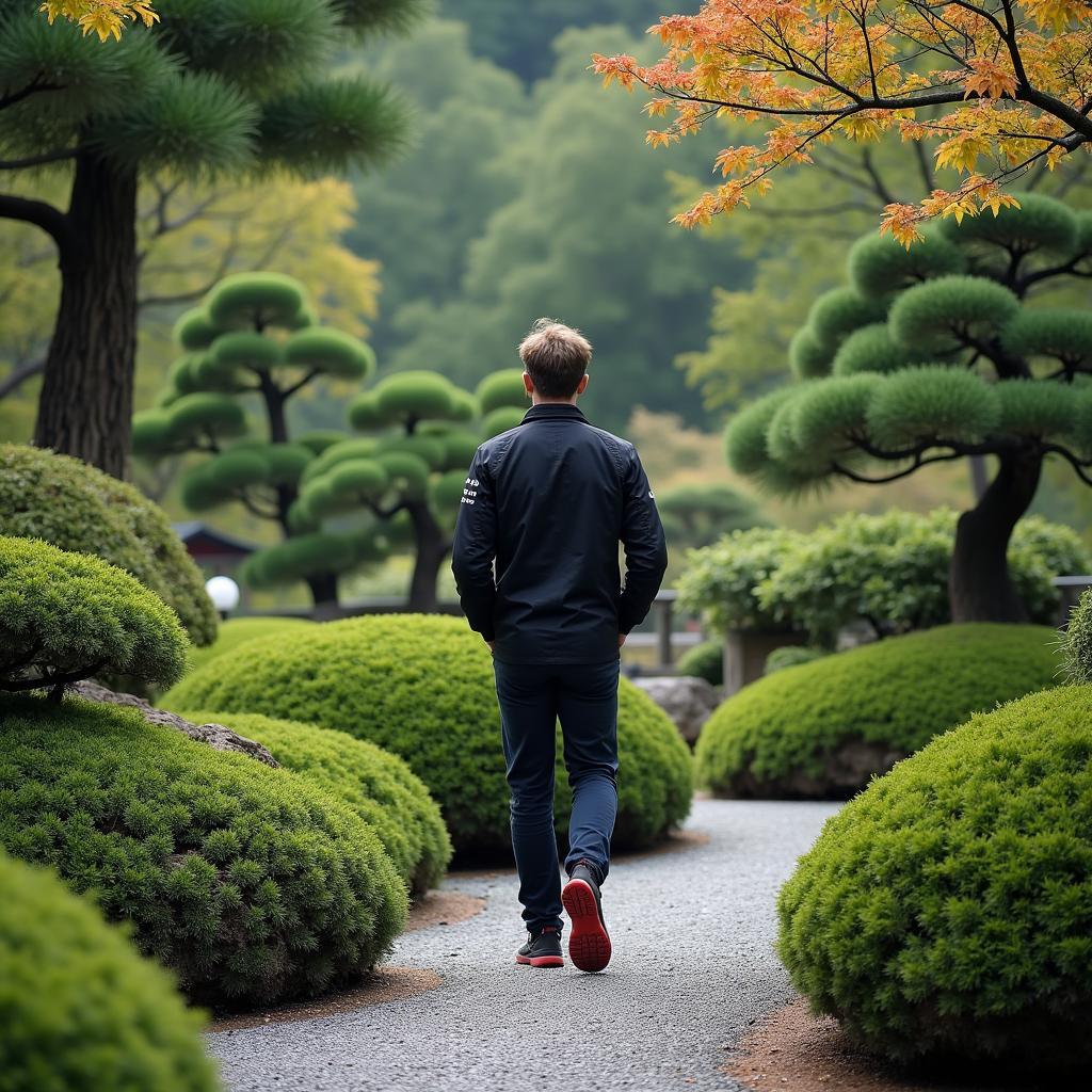 Sebastian Vettel visiting a traditional Japanese garden in Kyoto