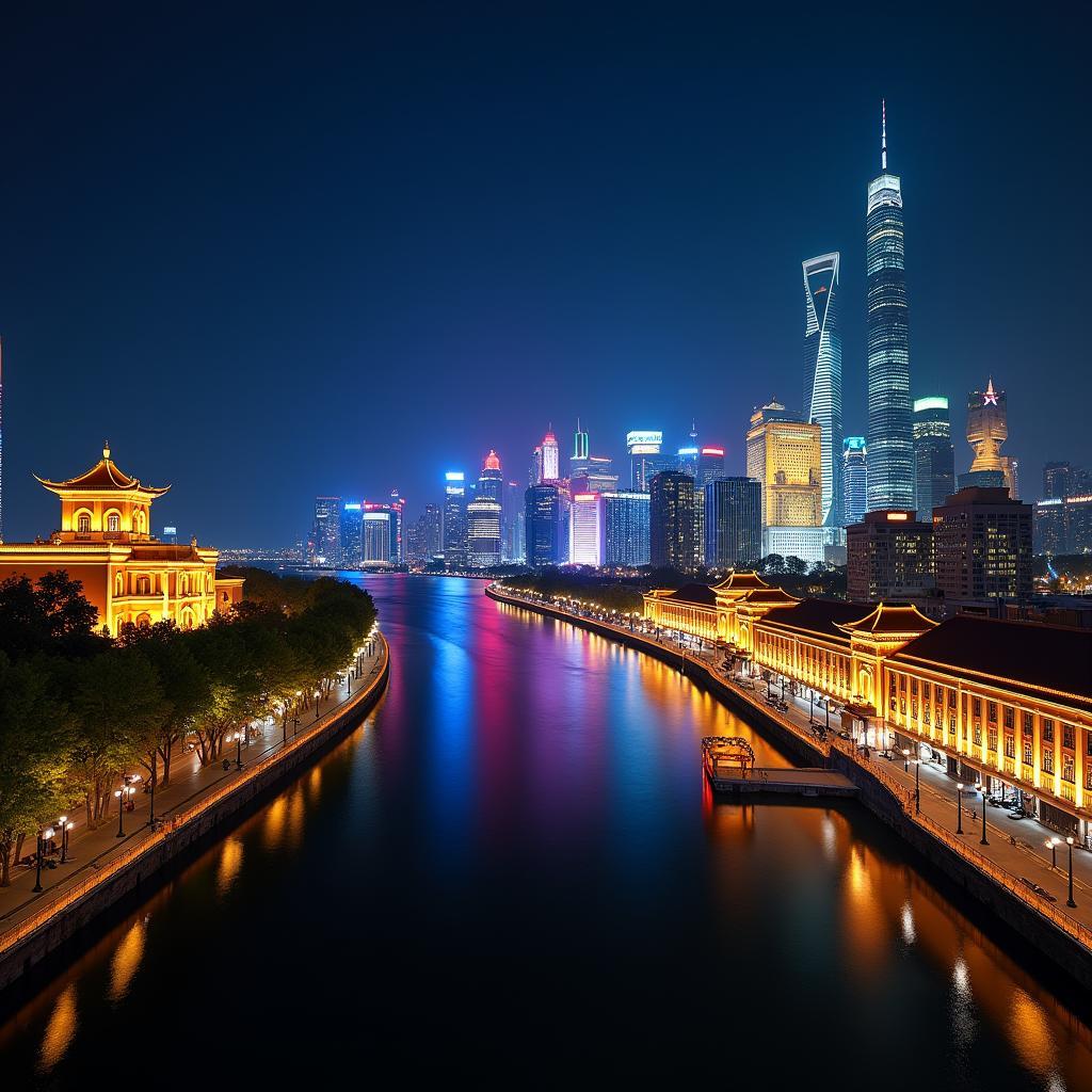 Shanghai's Bund at night, showcasing its illuminated skyline.