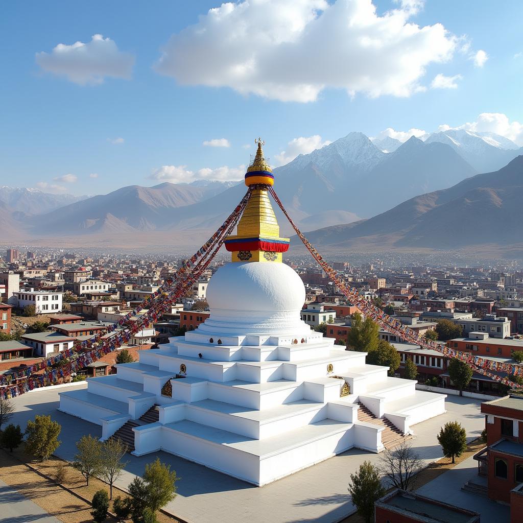 Aerial view of Shanti Stupa in Leh, Ladakh, with the city and mountains in the background