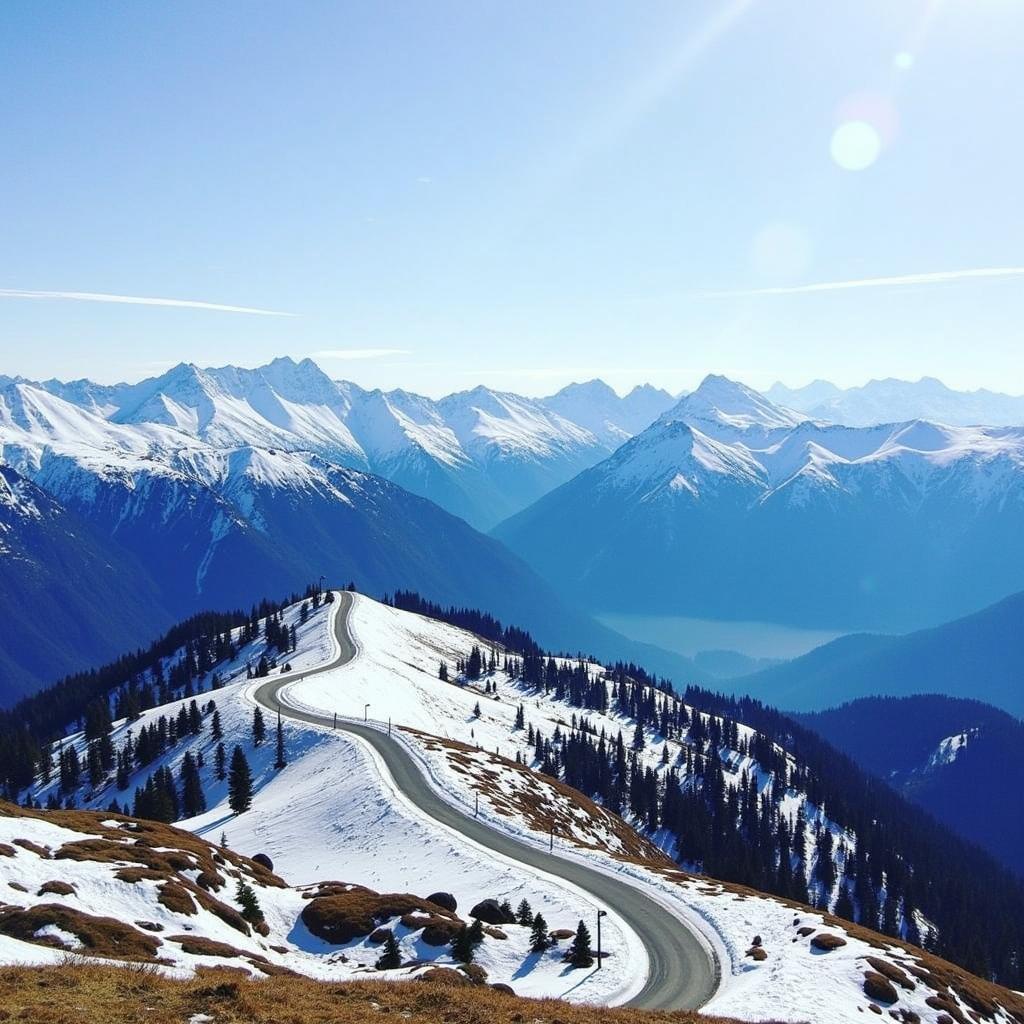 Scenic view of the Himalayas from Rohtang Pass, showcasing the snow-capped peaks and winding roads of the Shimla Kullu Manali Rohtang Pass tour.