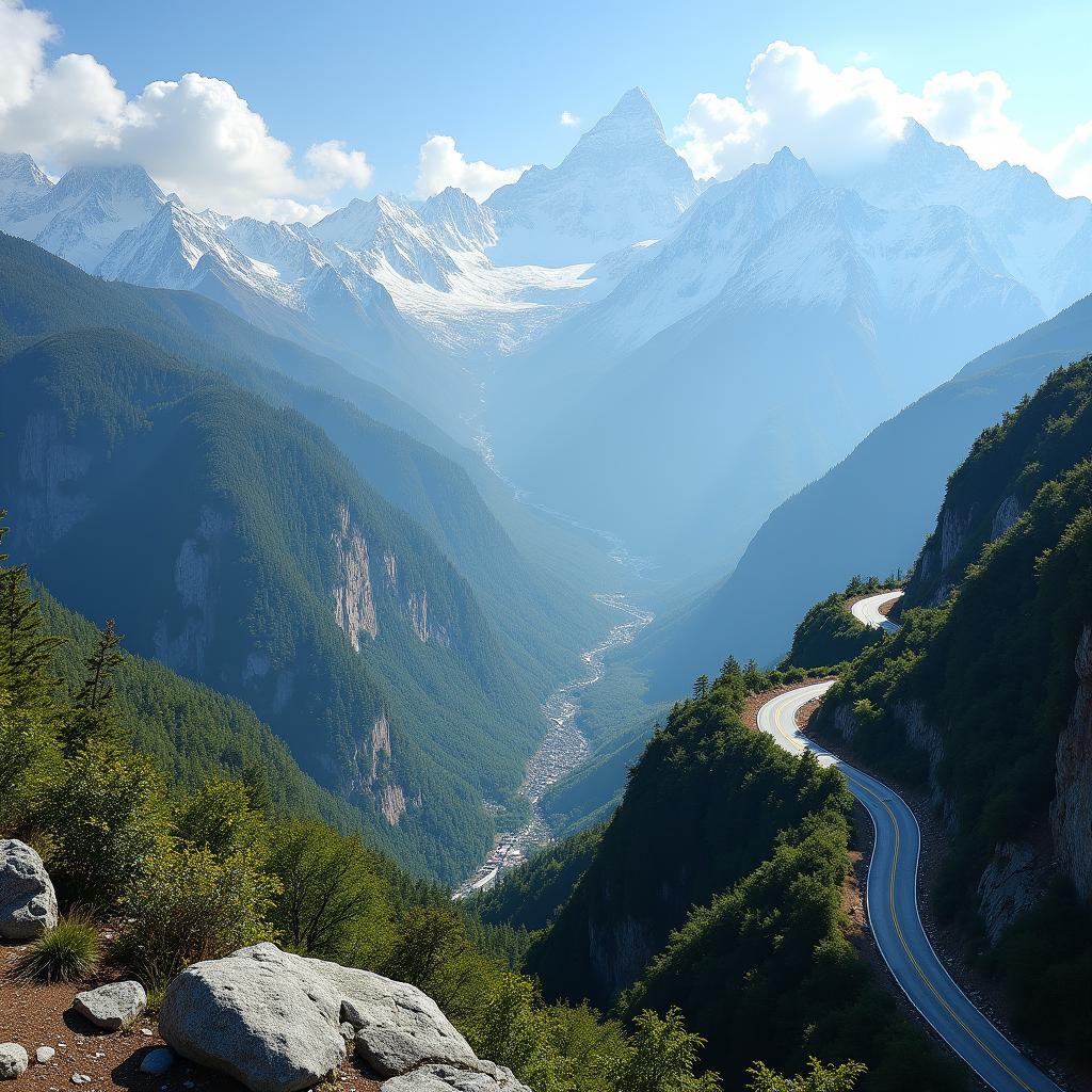 Scenic view of snow-capped mountains, lush green valleys, and winding roads in Shimla, Kullu, and Manali