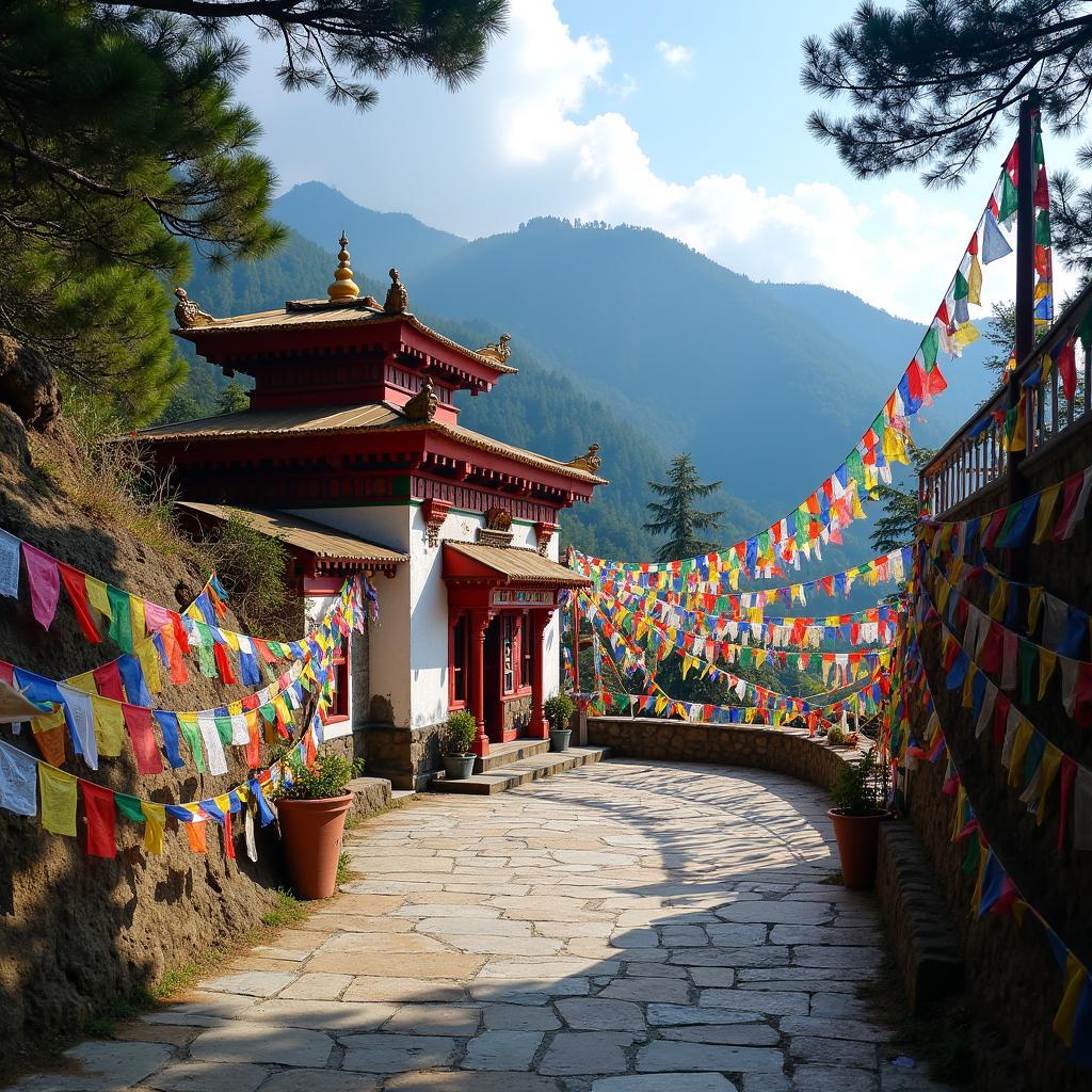 Monastery adorned with colorful prayer flags in Sikkim