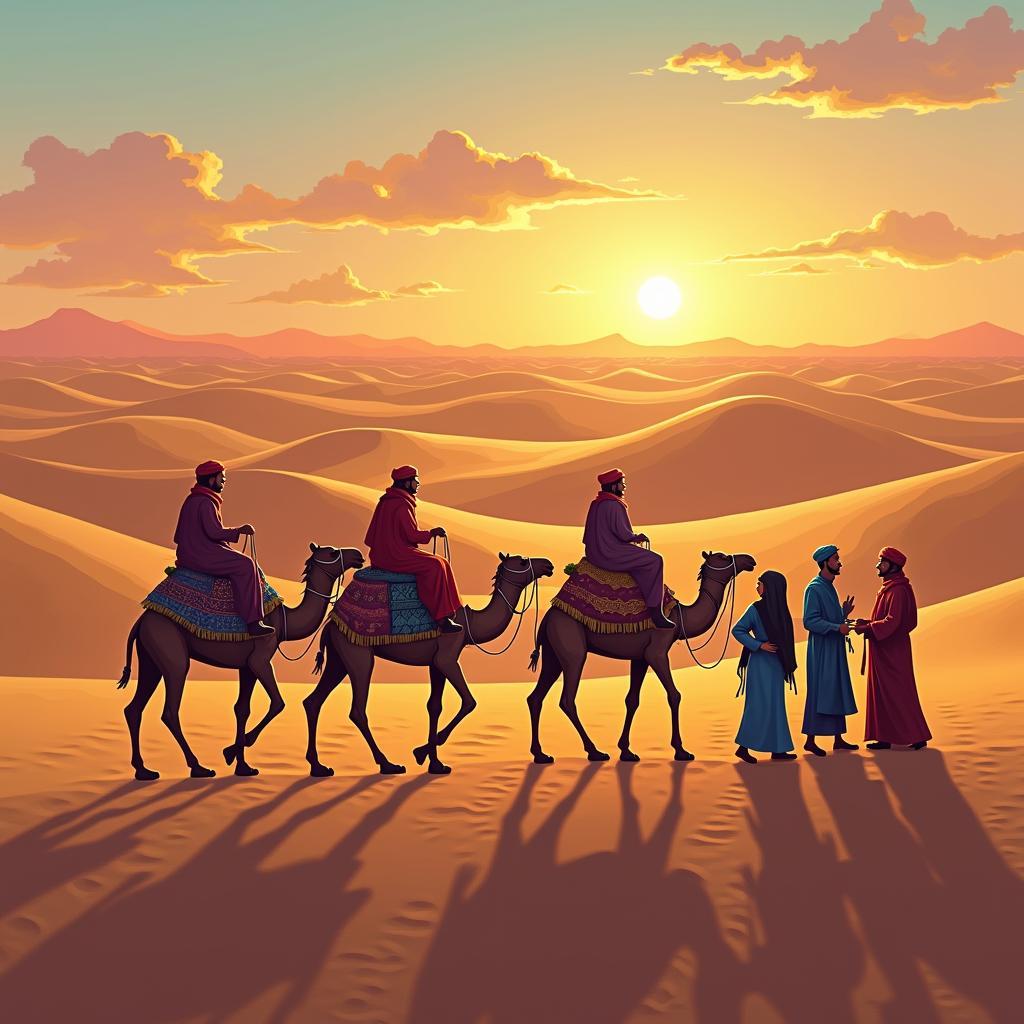 A vibrant caravan traversing the Silk Road in Central Asia, with camels laden with goods and traders interacting amidst a backdrop of sand dunes and distant mountains.