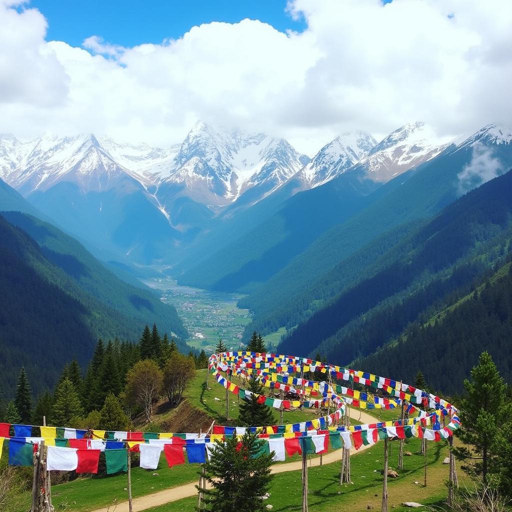 Scenic view of the Silk Route in Sikkim with snow-capped mountains and prayer flags