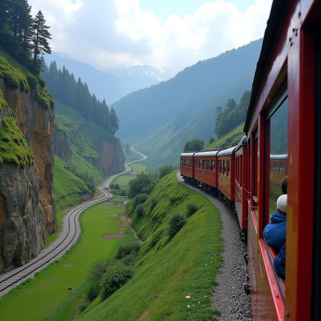 The historic Kalka-Shimla toy train winding through the lush green hills of the Himalayas, offering scenic views.