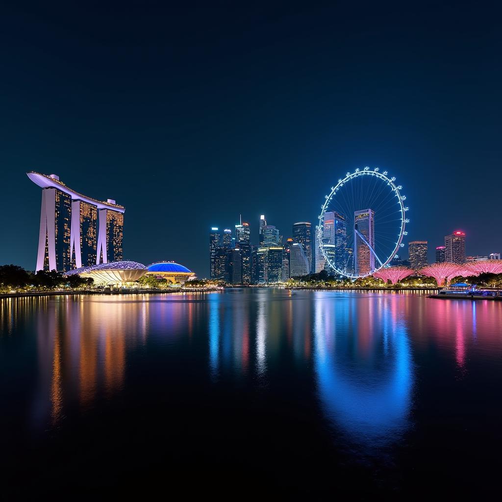 Panoramic view of the Singapore city skyline at night