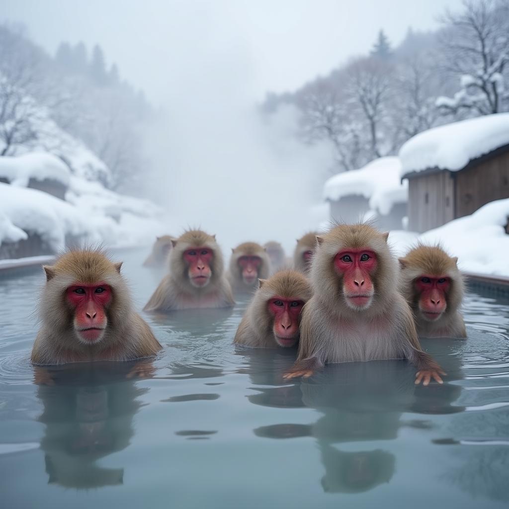 Japanese macaques (snow monkeys) relaxing in a natural hot spring.