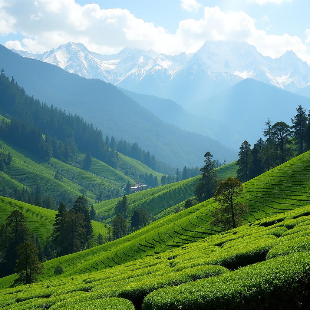 Lush green tea gardens cascading down the slopes of South Sikkim with the majestic Himalayas in the backdrop.