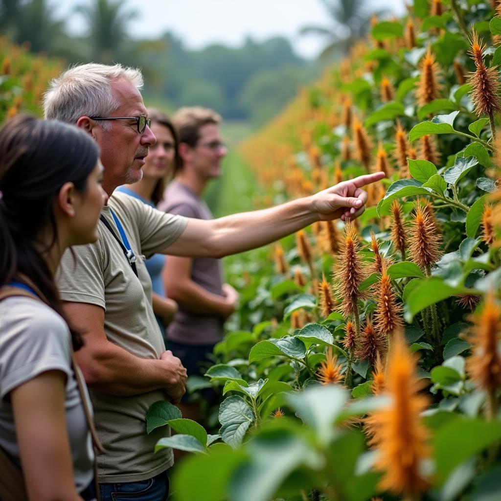 A knowledgeable guide explaining the different spice plants and their properties to a group of tourists on a Ponda spice plantation tour