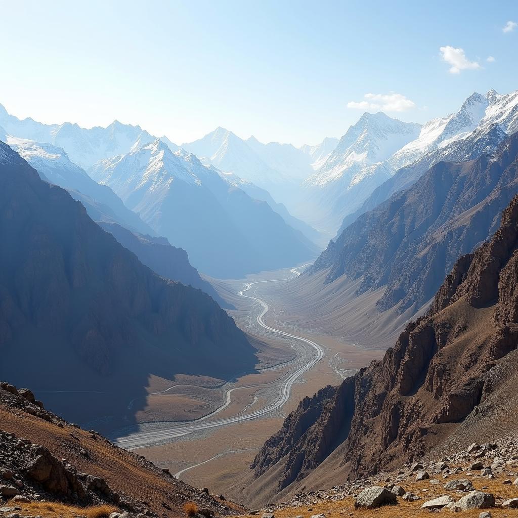 Spiti Valley Landscape viewed from a high vantage point near Manali, showcasing the rugged terrain, snow-capped peaks, and winding roads.