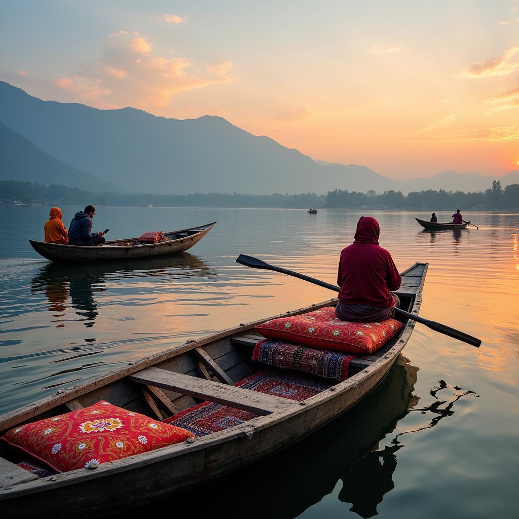 Shikara ride on Dal Lake in Srinagar at sunset.