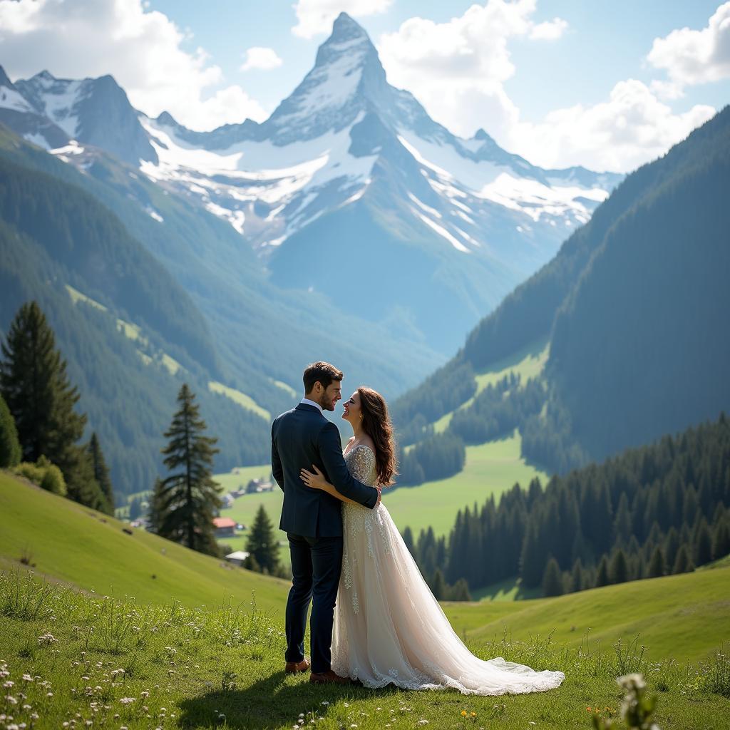 Couple enjoying honeymoon in Swiss Alps