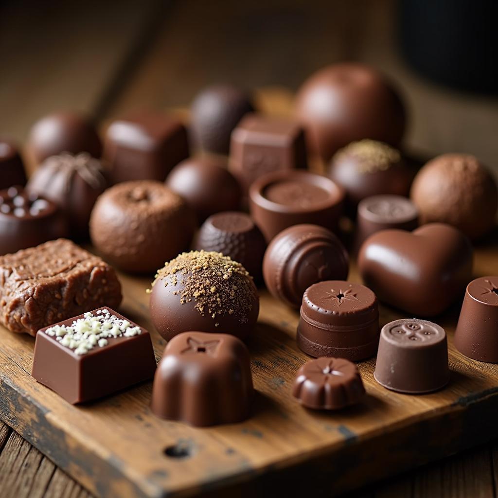 A variety of Swiss chocolates arranged on a wooden table