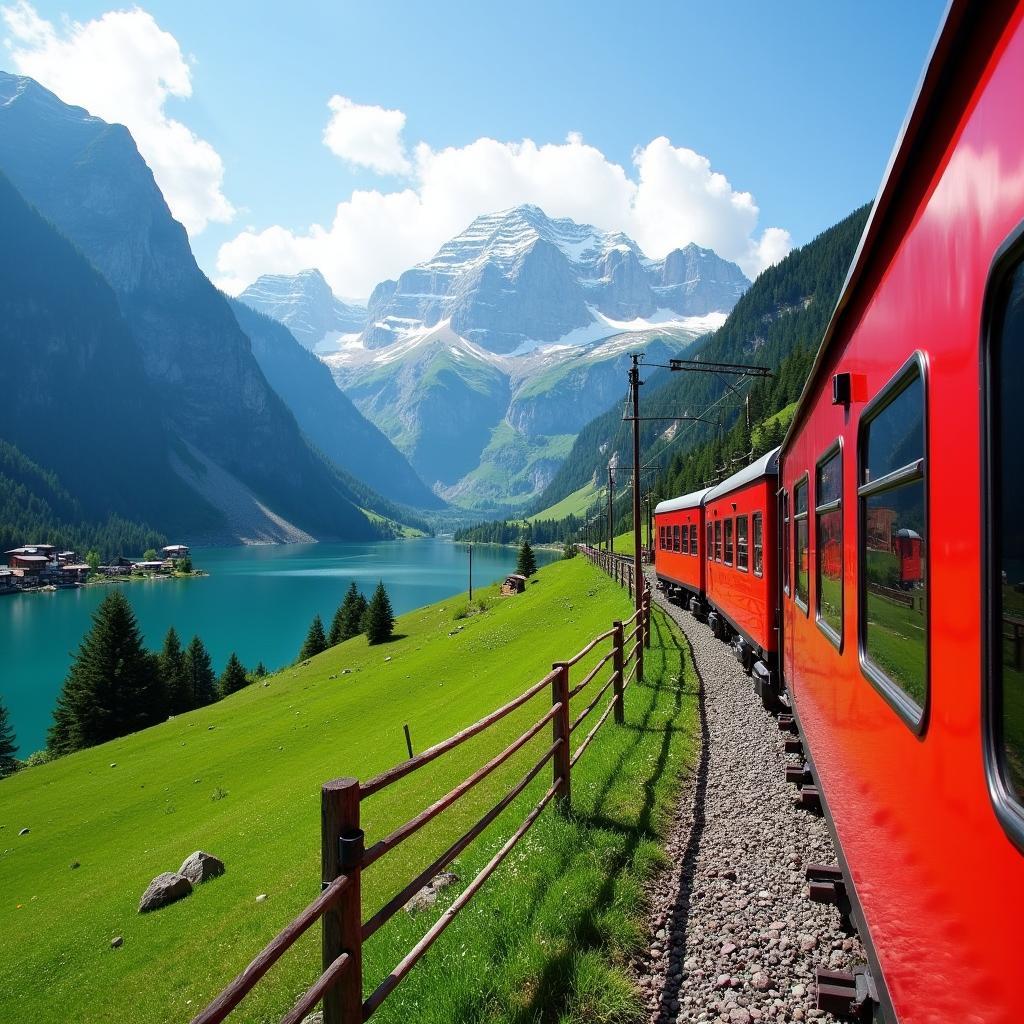 Swiss train journey through stunning mountain landscape